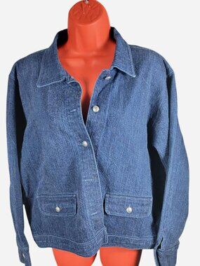 vintage womens navy blue denim crop jacket button-up size M